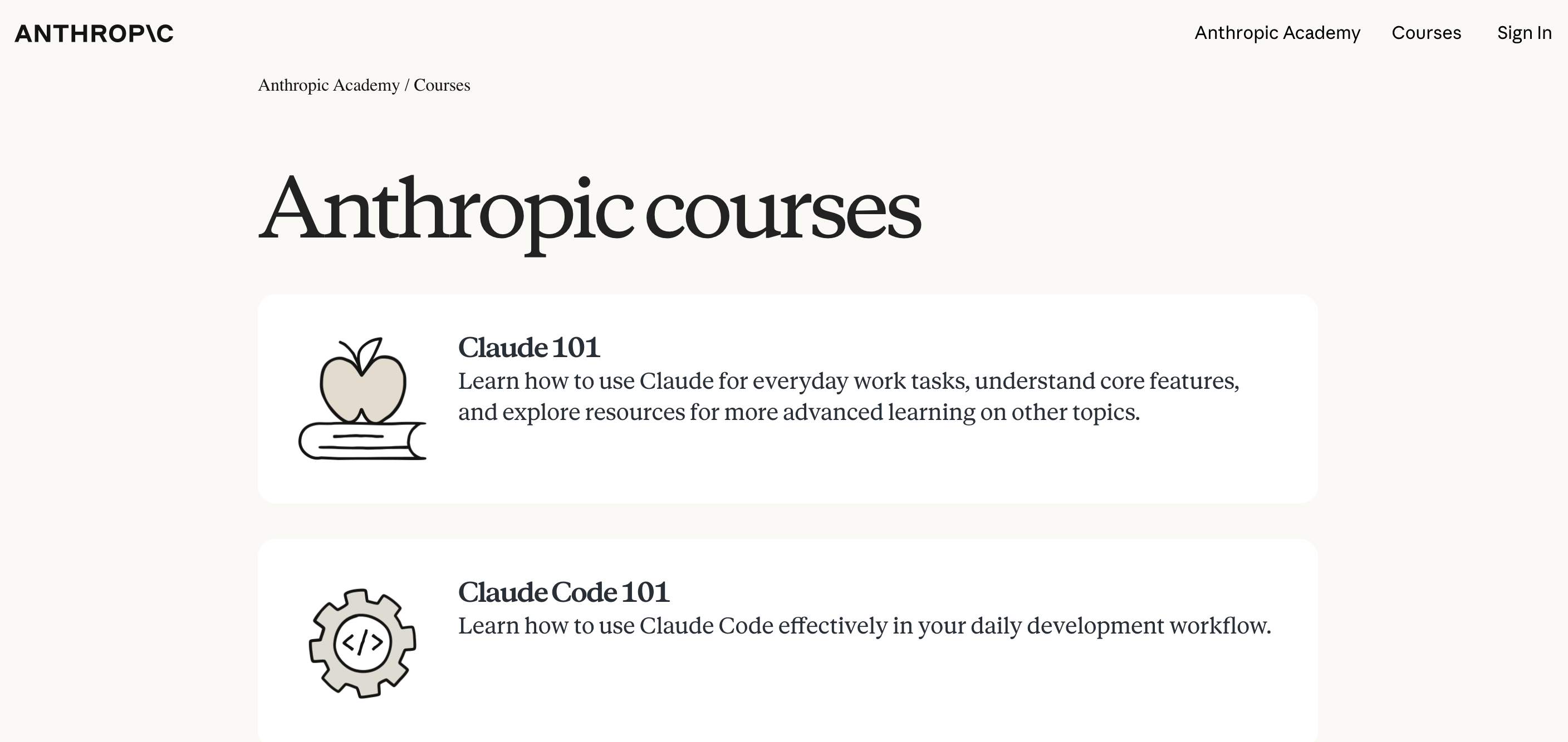Anthropic Academy courses page showing Claude 101 and Claude Code 101